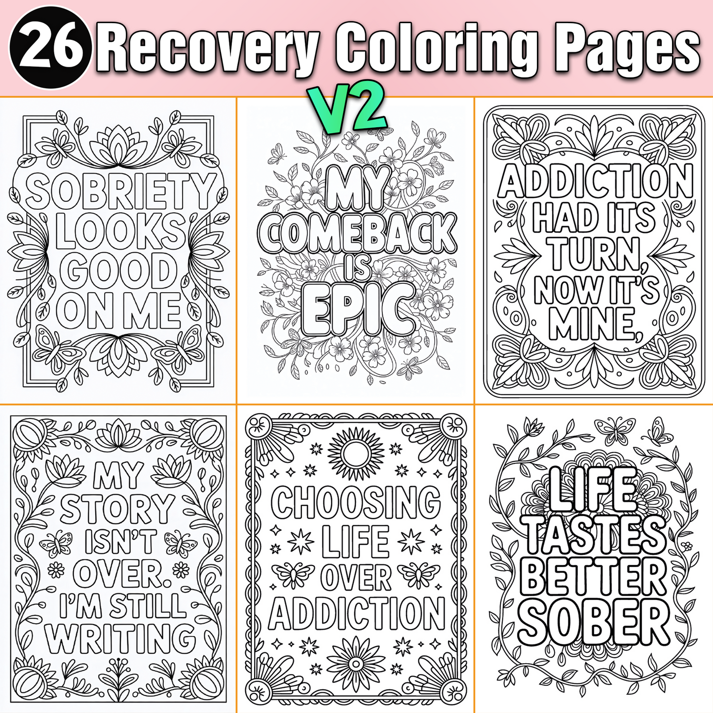 Recovery Coloring Pages V2 : 26 Motivational Recovery and Sobriety Activity (PDF, JPG 8.5x11)
